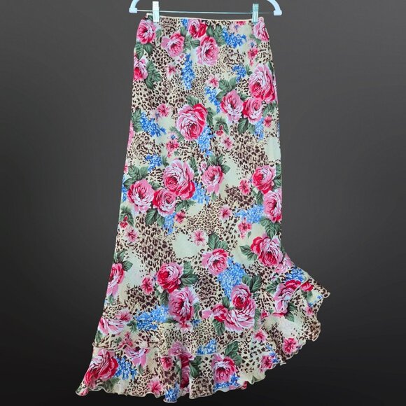 Y2K  Floral Leopard Slip Skirt With Ruffle Size M Asymmetric Hem Maxi Fairy Boho - Picture 1 of 7